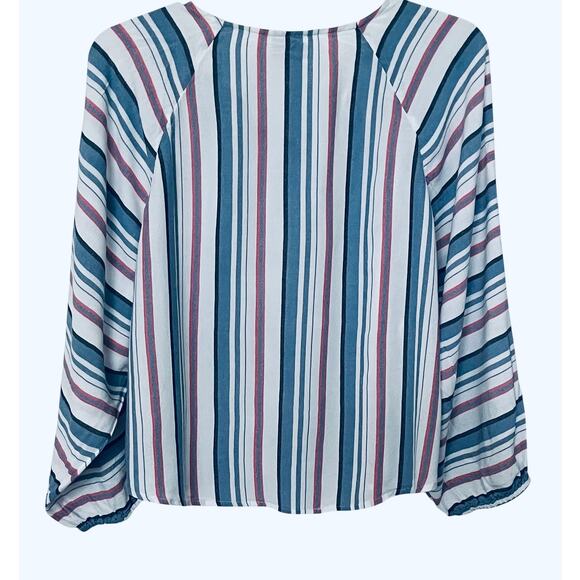 CHICO'S LONG BELL RAGLAN SLV BUTTON DOWN V-NECK BLOUSE, BLUE PINK BLACK STRIPE - Picture 4 of 11